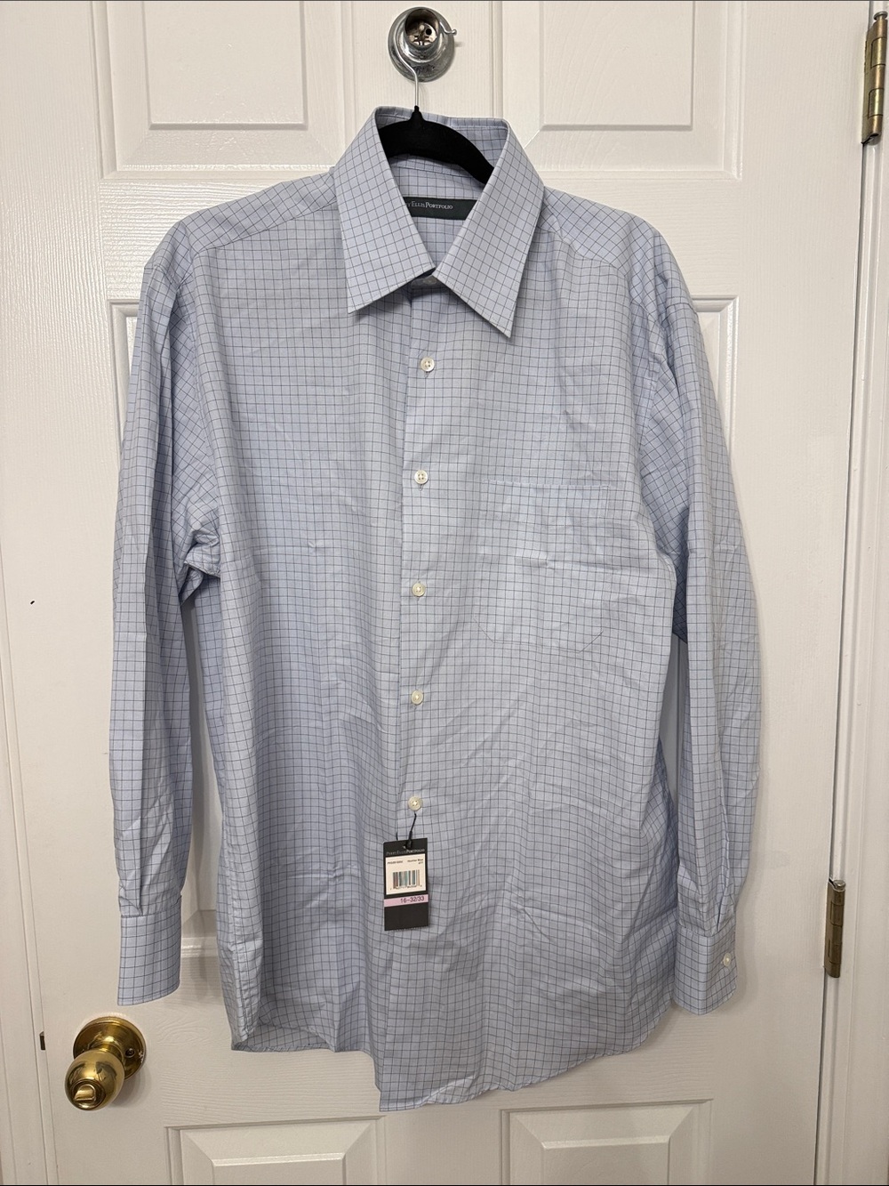 Perry Ellis 100% Cotton Light Blue Windowpane Dress Shirt